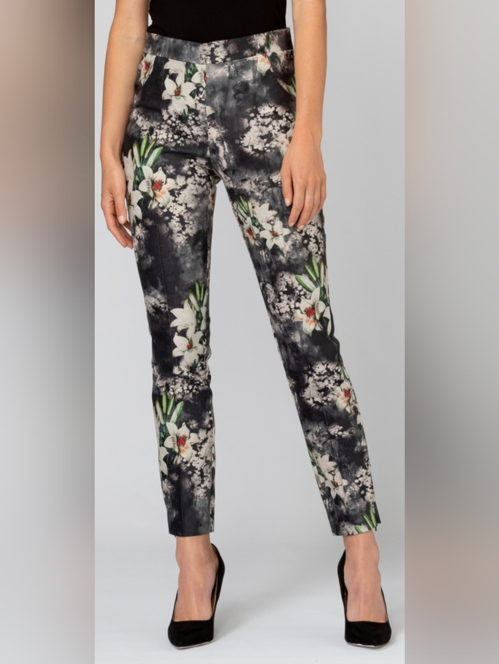 Joseph Ribkoff Black Floral Slim Ankle Pants with Green Accents